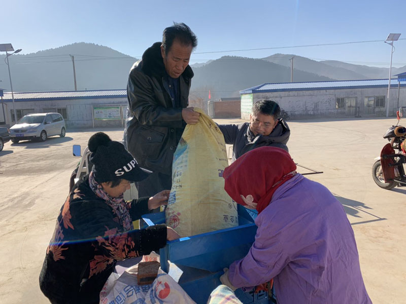收購現場,，王強（右二）幫助村民抬小米