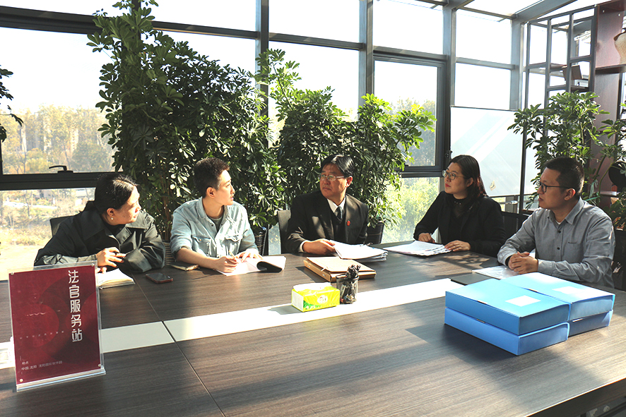 桃仙法庭庭長金凱東（中）在“法官服務(wù)站”與某投資管理有限公司相關(guān)人員交流